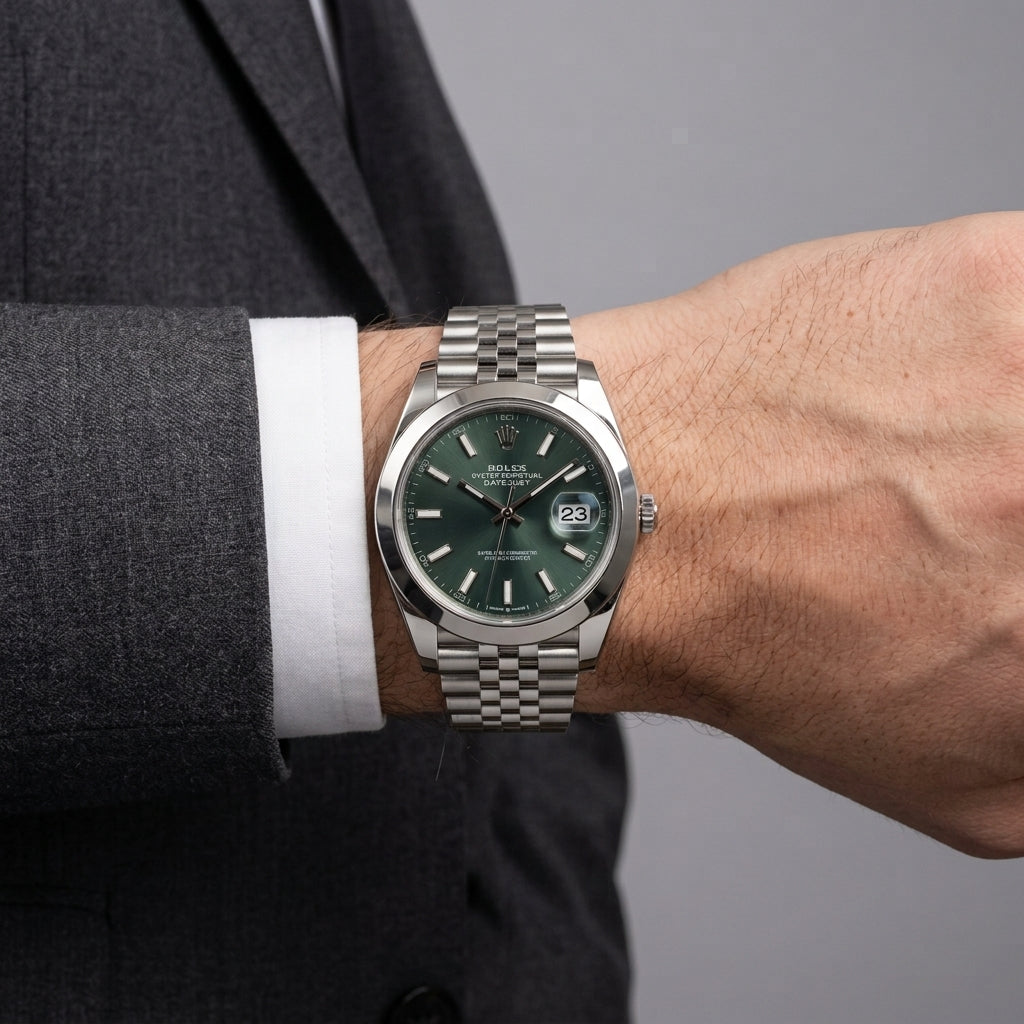 A wristwatch with a green dial and a silver stainless steel link bracelet, shown worn on a person's wrist. The person is wearing a dark gray suit jacket and a white dress shirt cuff.