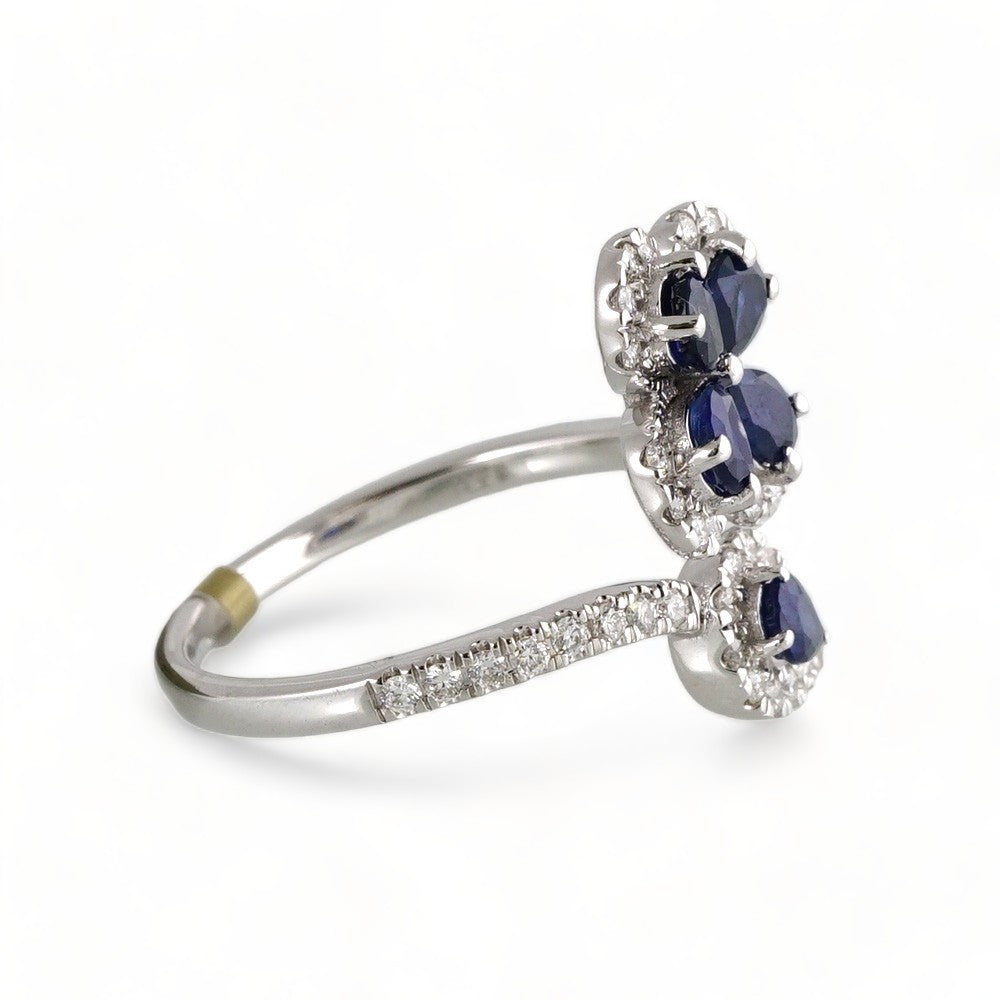 14k White Gold Diamond Blue Stone Flowers Ring image 2