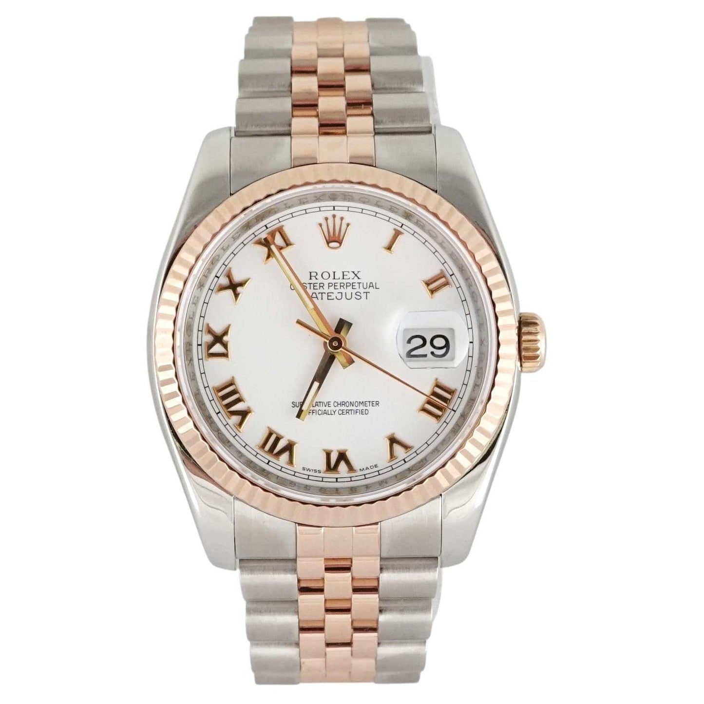 Two-tone Rolex watch with silver and rose gold case on a white background