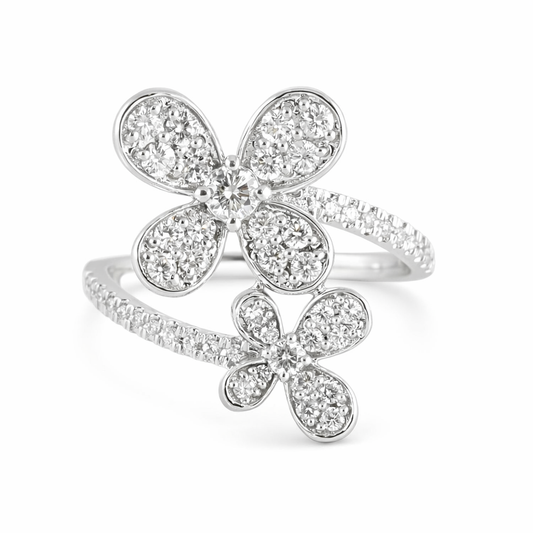 14k White Gold Diamond 2 Flowers Ring