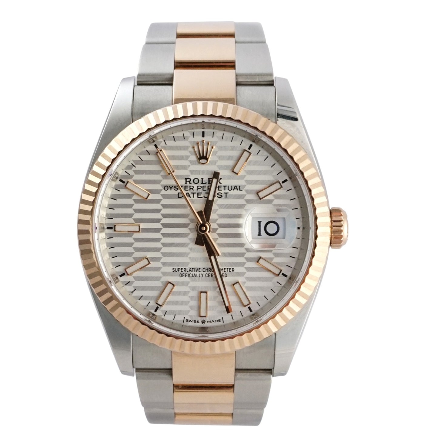 Two-tone watch with silver and rose gold band on a white background