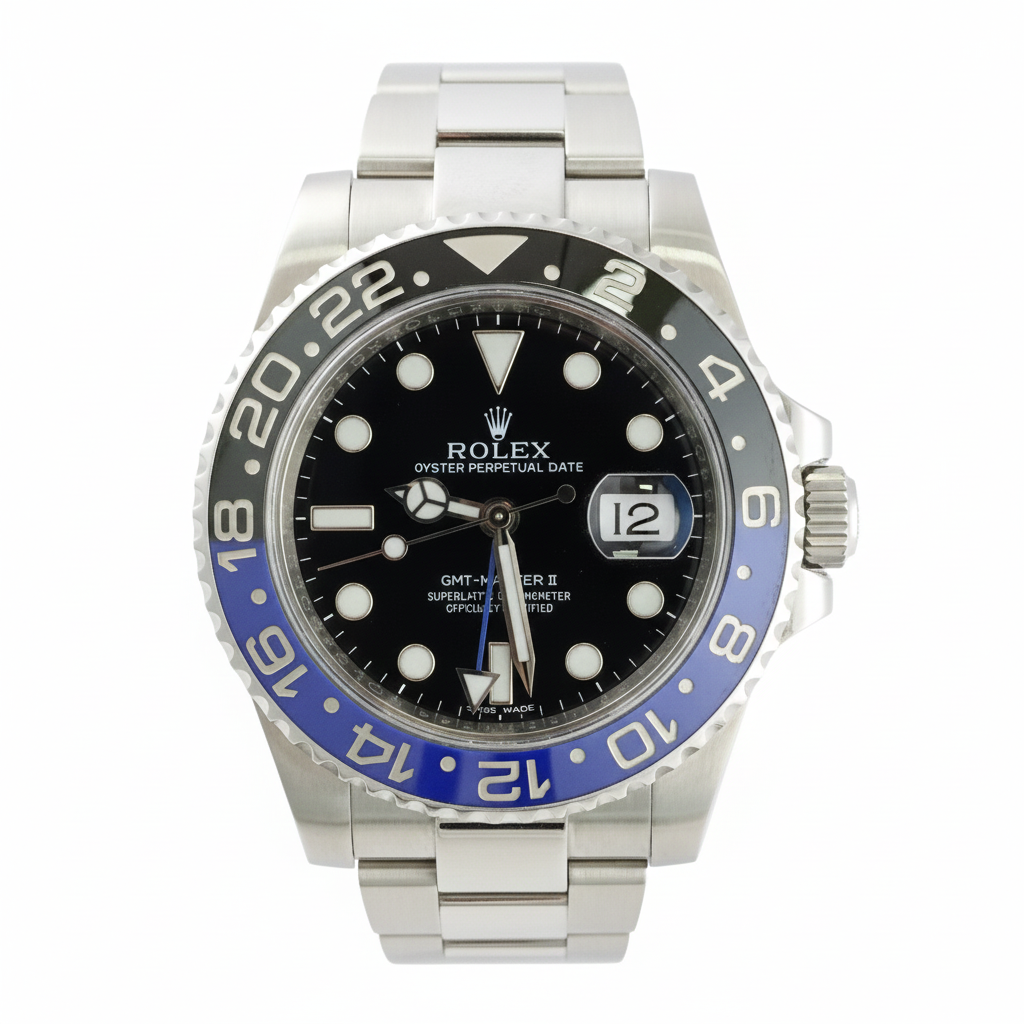 Rolex watch with black face and blue bezel on a white background
