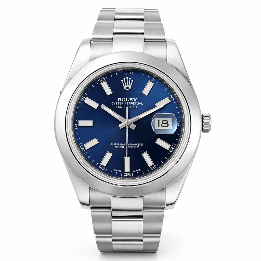 Silver watch with a blue dial on a white background