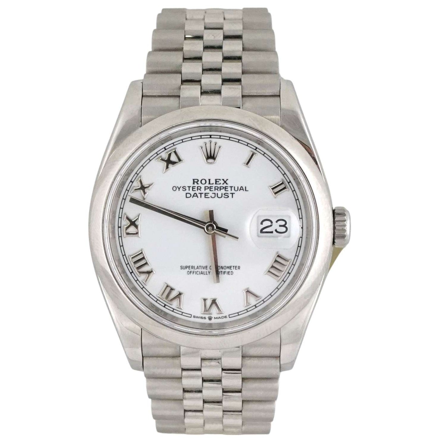 Silver Rolex watch with a white face on a white background