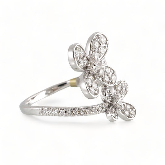 14k White Gold Diamond 2 Flowers Ring image 1