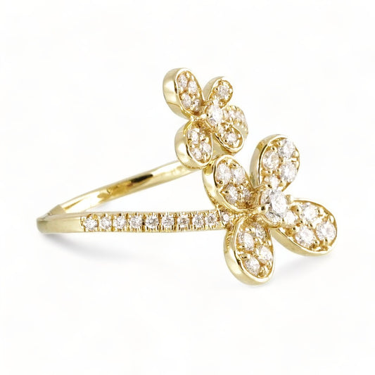14k Gold Diamond 2 Flowers Ring image 1