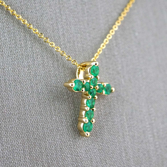 14k Yellow Gold Diamond Green Cross Chain image 1