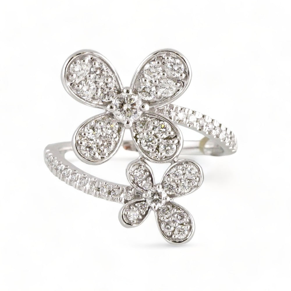 14k White Gold Diamond 2 Flowers Ring image 2