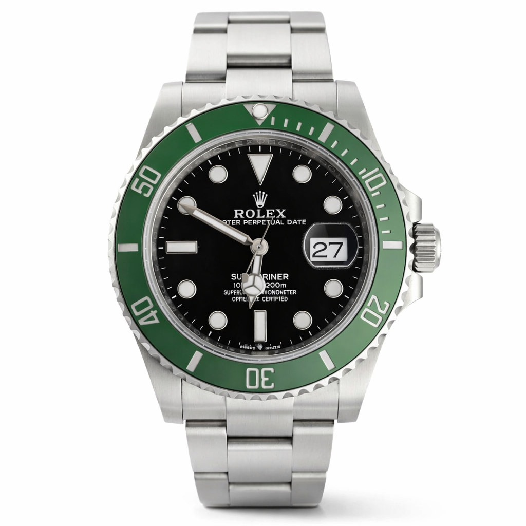 Rolex watch with green bezel and black face on a white background