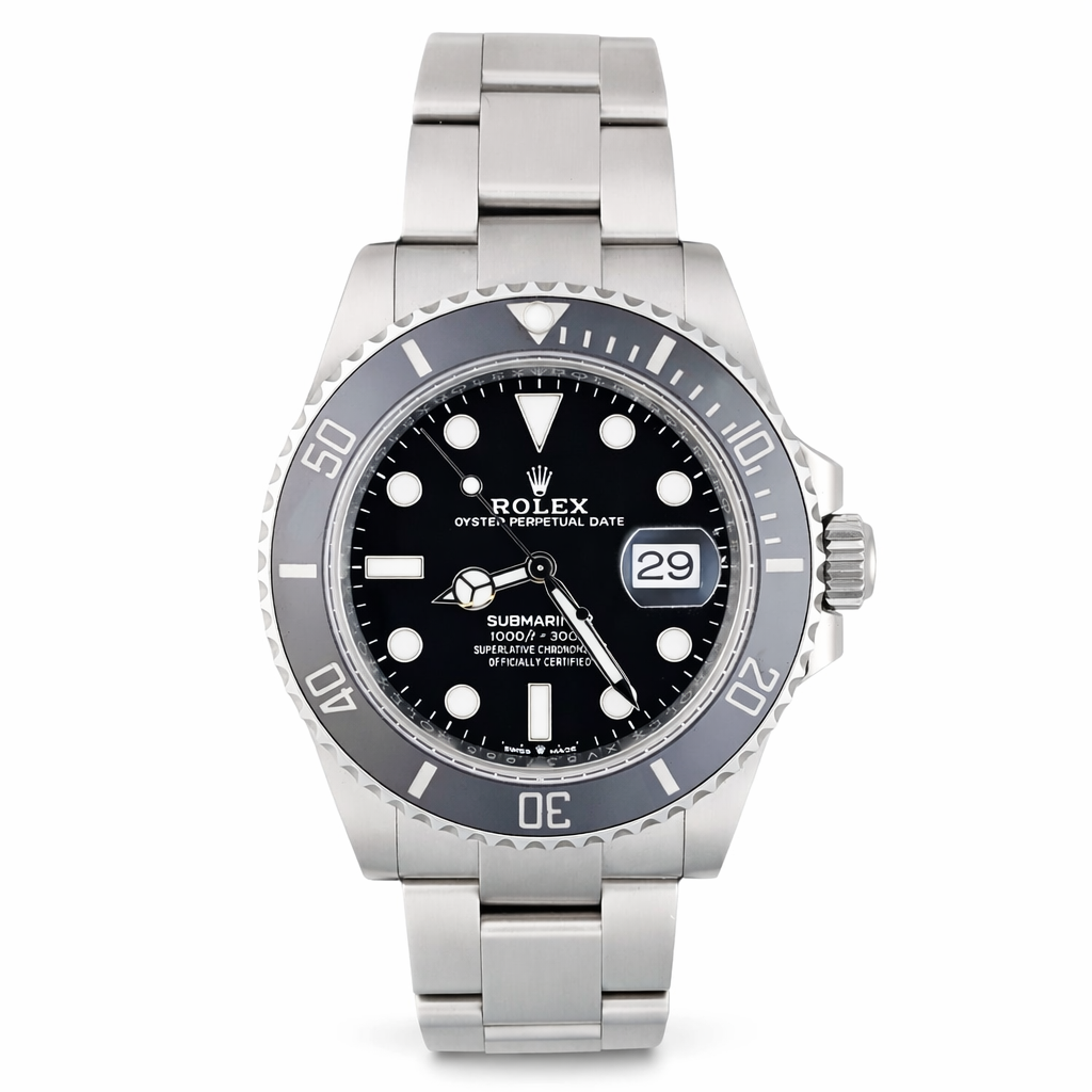 Rolex watch with black dial and silver metal strap on a white background