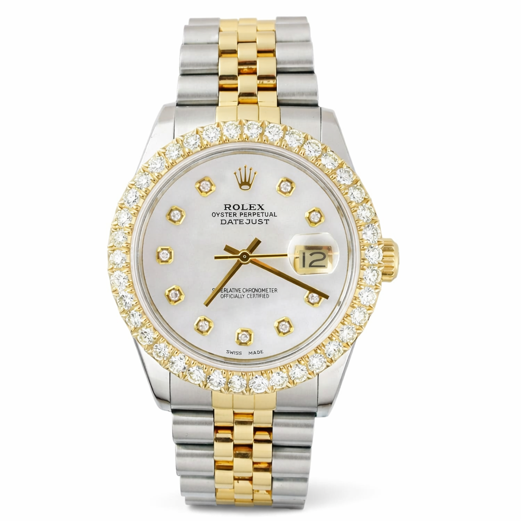 Two-tone Rolex watch with diamond-studded face on a white background