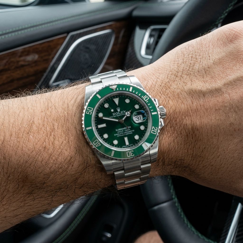 A stainless steel wristwatch with a green bezel and green dial is worn on a person's wrist inside a car.