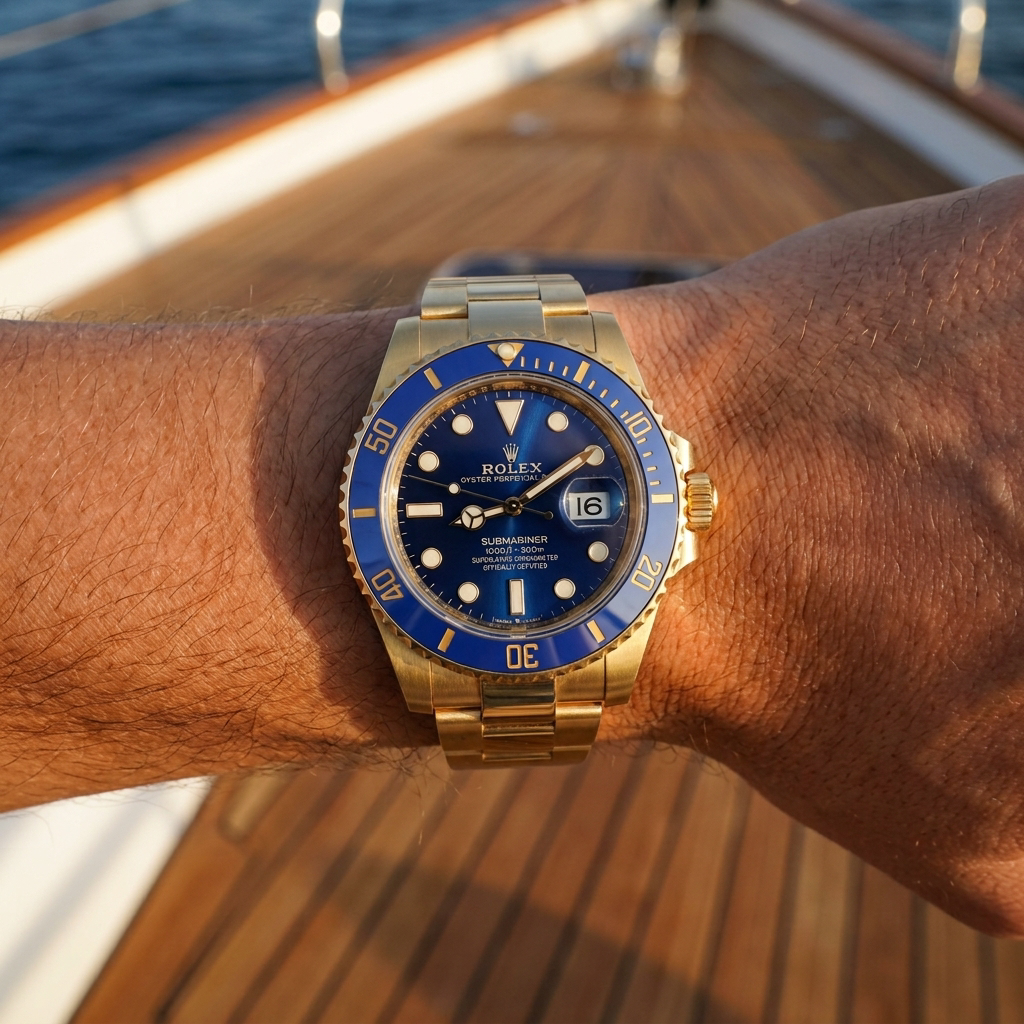 A gold-tone Rolex Submariner watch with a blue dial and blue bezel, worn on a person's wrist against a wooden boat deck background.