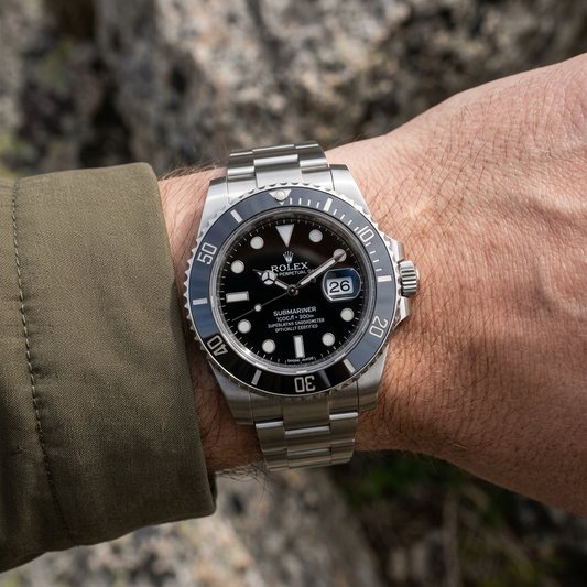 A Rolex Submariner Date watch with a black dial and black bezel, worn on a person's wrist with an olive green sleeve visible.