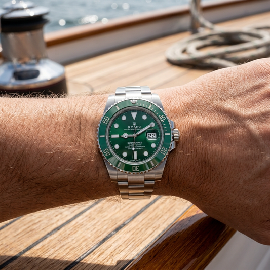 A Rolex Submariner Date watch with a green dial and green bezel, worn on a person's wrist on a wooden boat deck.