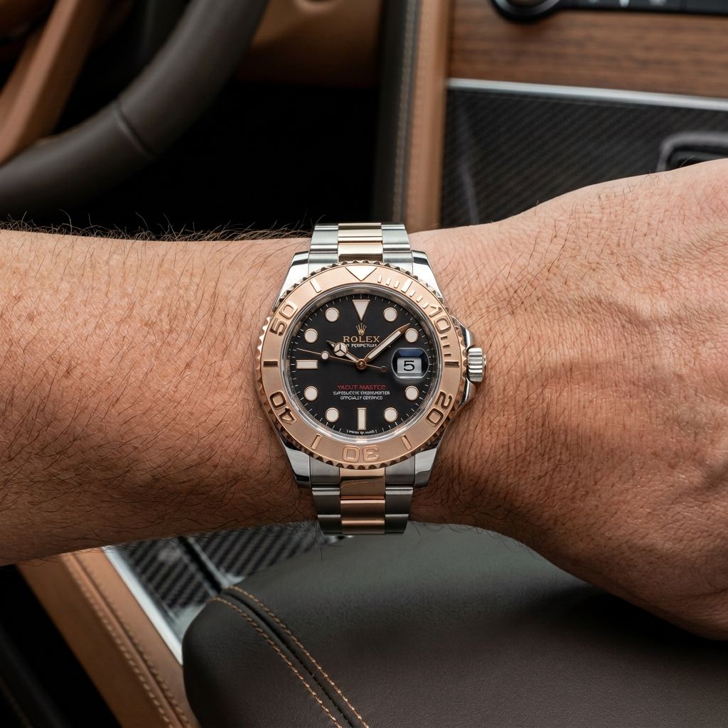 A Rolex Submariner watch with a two-tone stainless steel and rose gold bracelet, featuring a black dial and a rose gold bezel, shown worn on a person's wrist inside a luxury car interior.