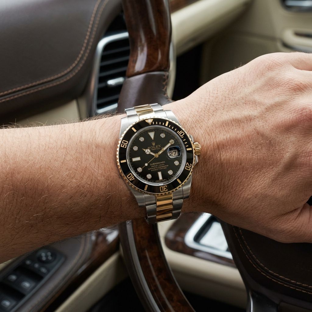 A wrist wearing a two-tone stainless steel and gold Rolex Submariner watch with a black dial, set against the interior of a luxury car with brown leather and wood trim.