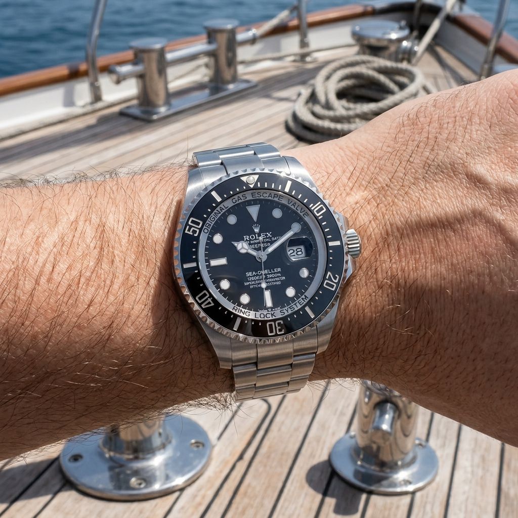 A Rolex Submariner watch with a silver stainless steel bracelet and a black dial, worn on a person's wrist on a wooden boat deck with the blue sea and ropes in the background.