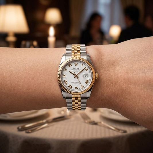 A Rolex Datejust watch with a silver and gold two-tone metal bracelet and a white dial, worn on a person's wrist in a warmly lit, blurred indoor setting.
