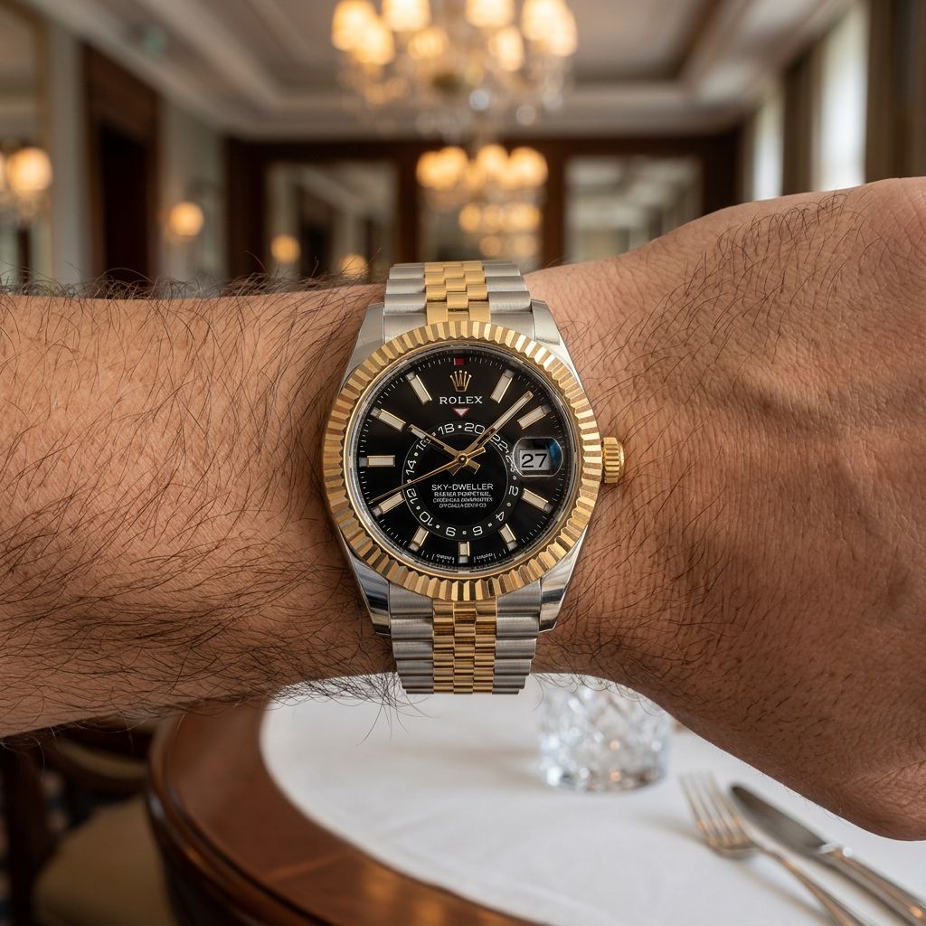A Rolex Submariner Date watch with a two-tone silver and gold bracelet and case, worn on a person's wrist in a blurred indoor setting.