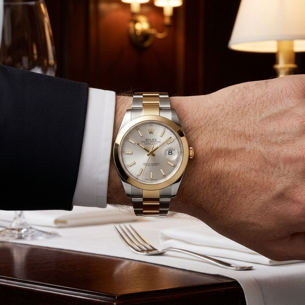 A Rolex wristwatch with a two-tone gold and silver stainless steel bracelet and a champagne dial, shown on a person's wrist in a formal dining setting.