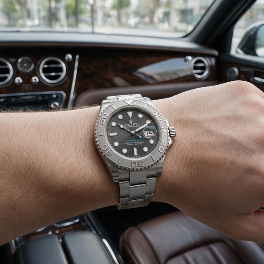 A Rolex Submariner Date watch with a stainless steel bracelet and dark gray dial, worn on a person's wrist inside a luxury car with wood trim.