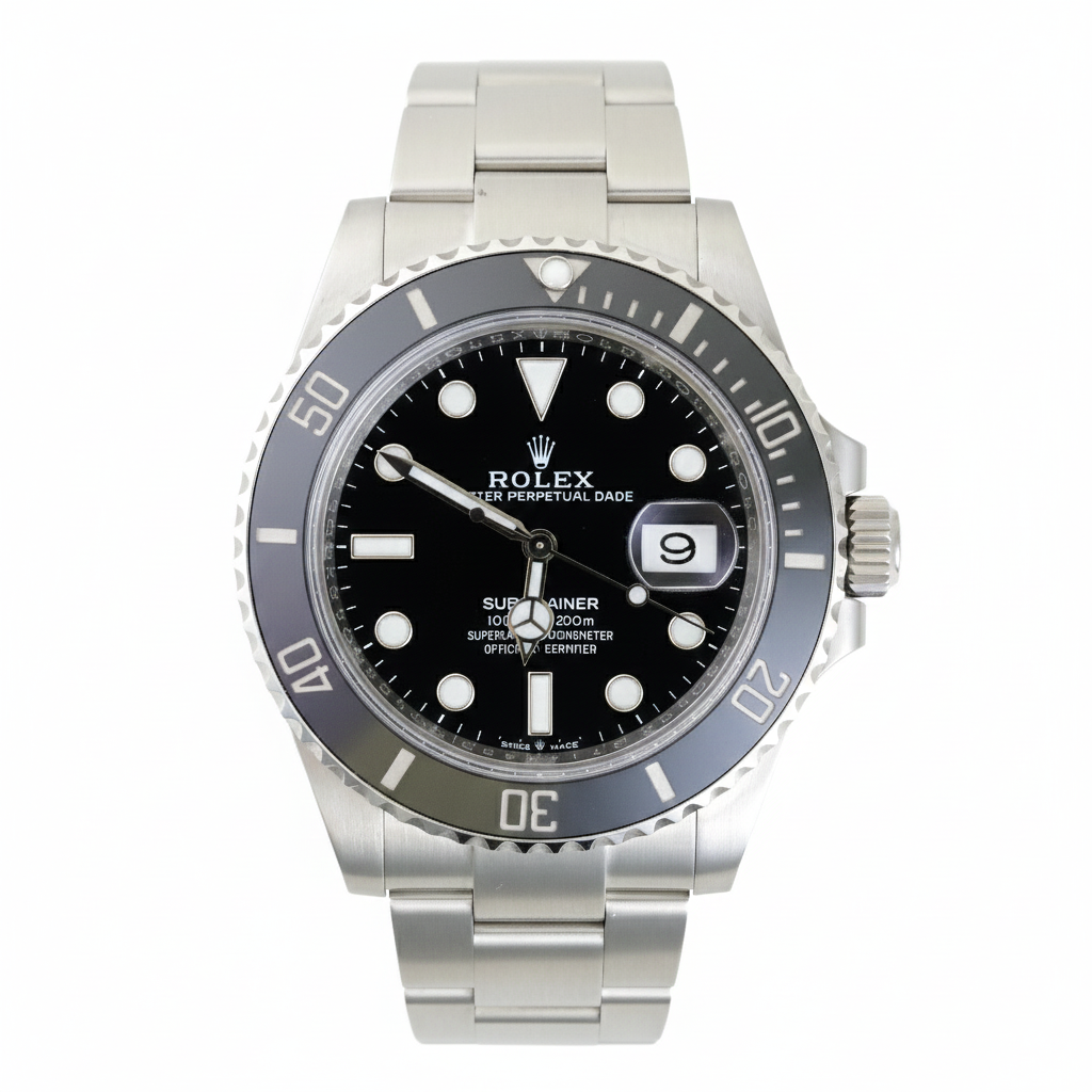 Rolex watch with black dial and silver metal bracelet on a white background