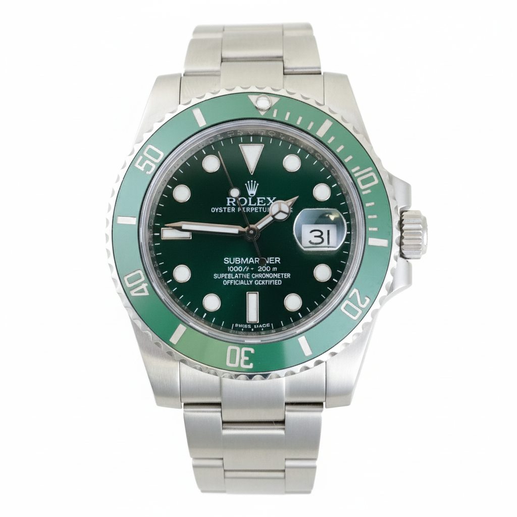 Rolex watch with green bezel and face on a white background