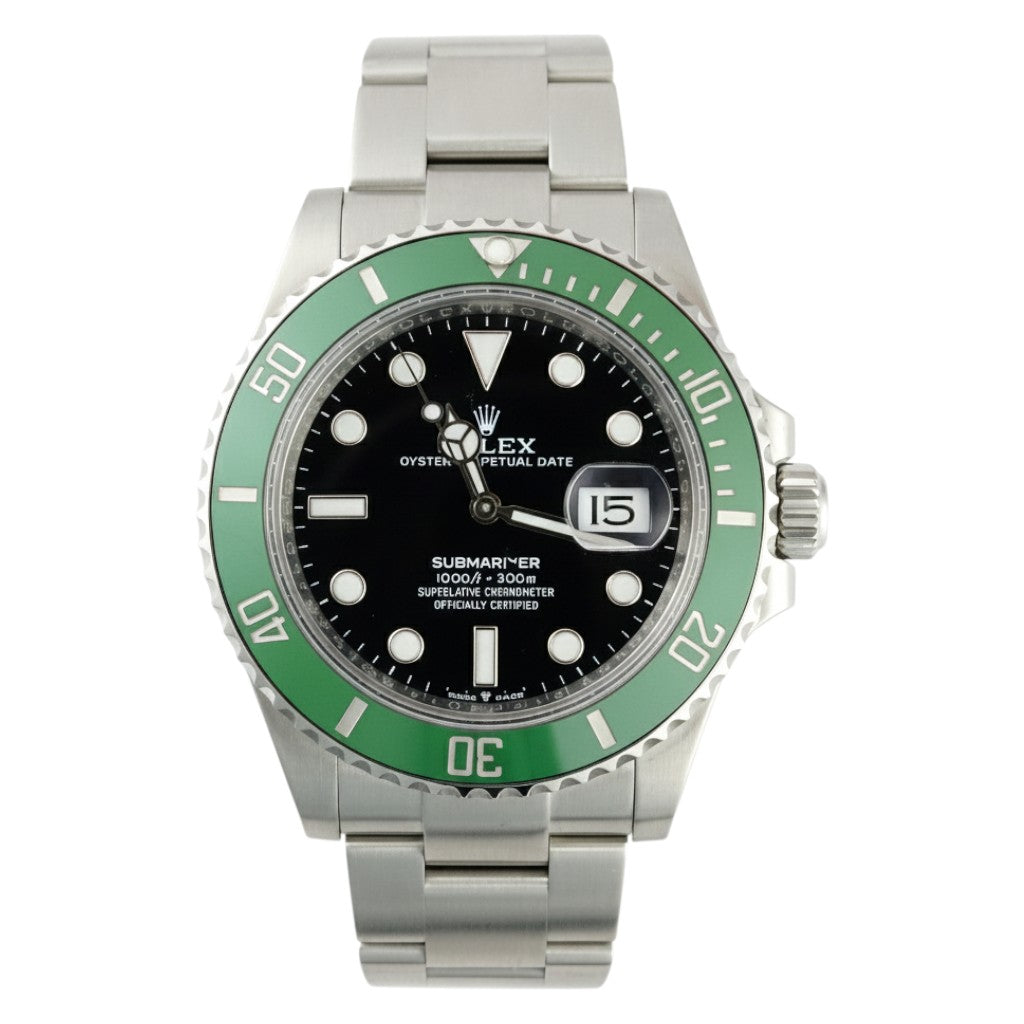 Rolex watch with green bezel and black face on a white background