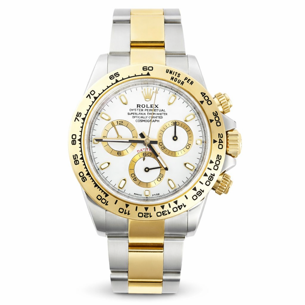 Two-toned Rolex watch with gold and silver band on a white background