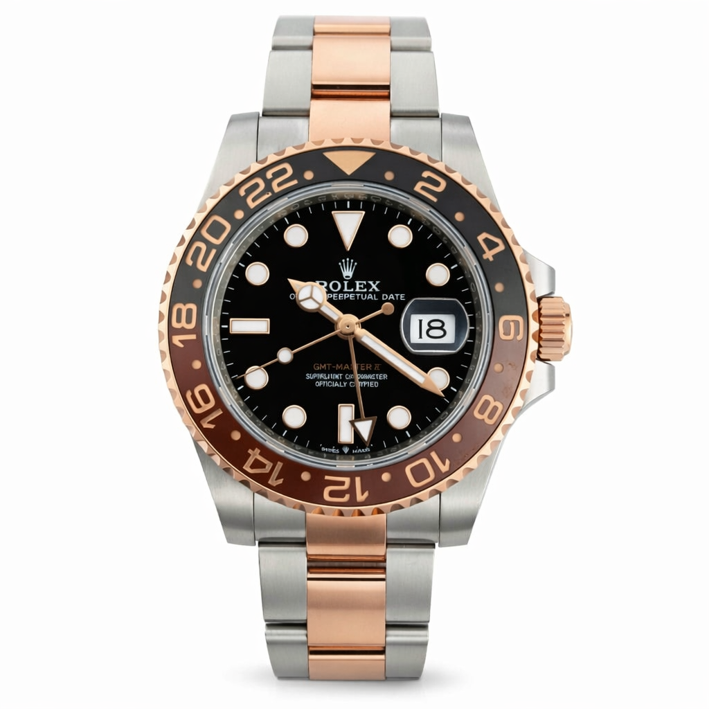 Luxury watch with black dial and rose gold accents on a white background