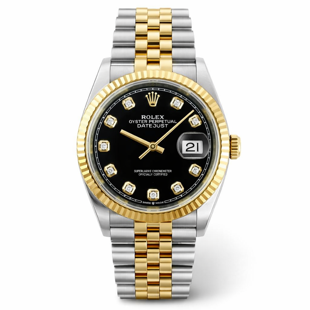 Luxury watch with black dial and diamond accents on a white background