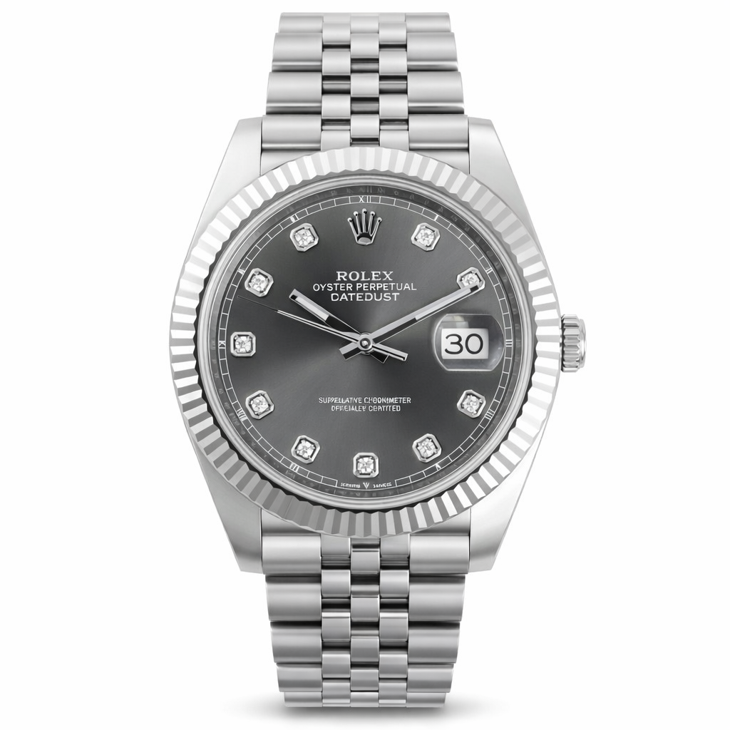Silver Rolex watch with a dark face on a white background