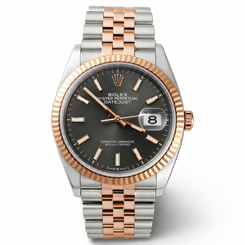 Luxury watch with silver and rose gold band on a white background