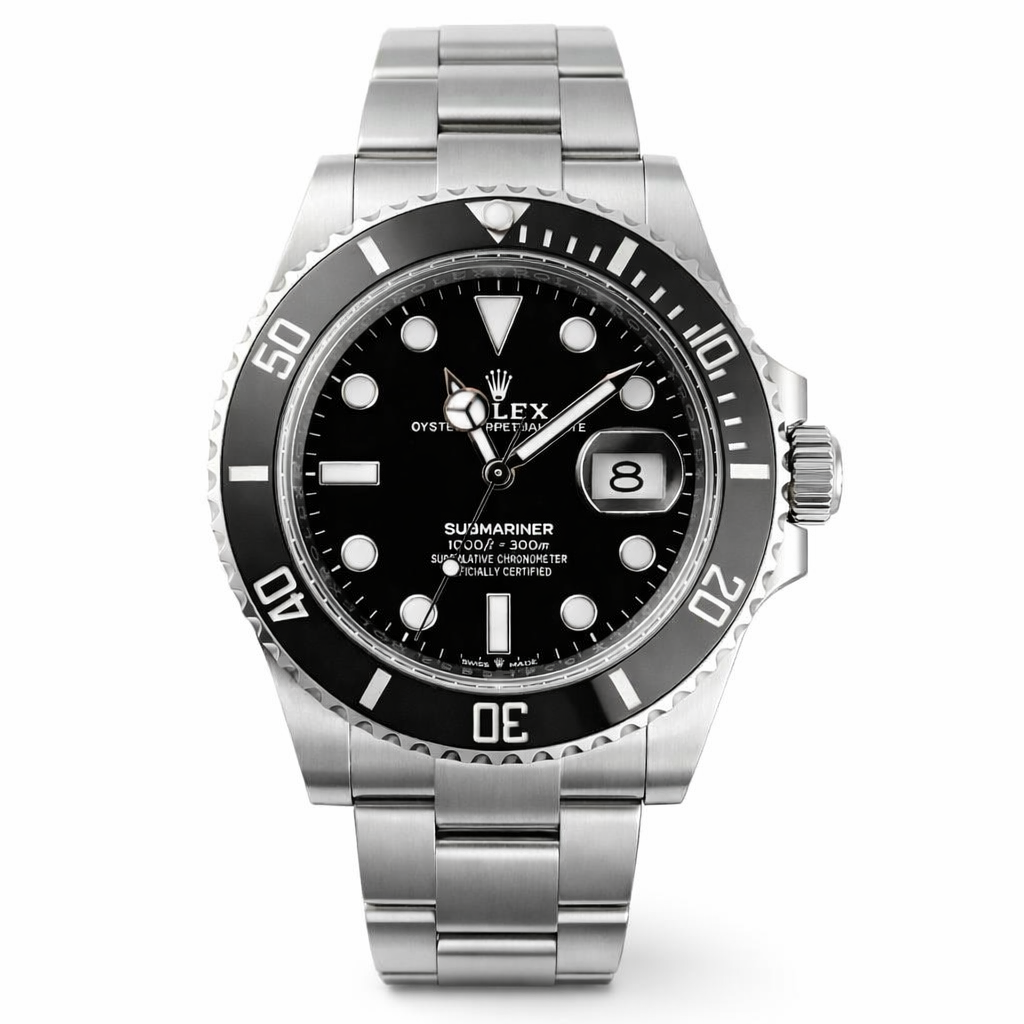 Silver Rolex watch with black dial on a white background