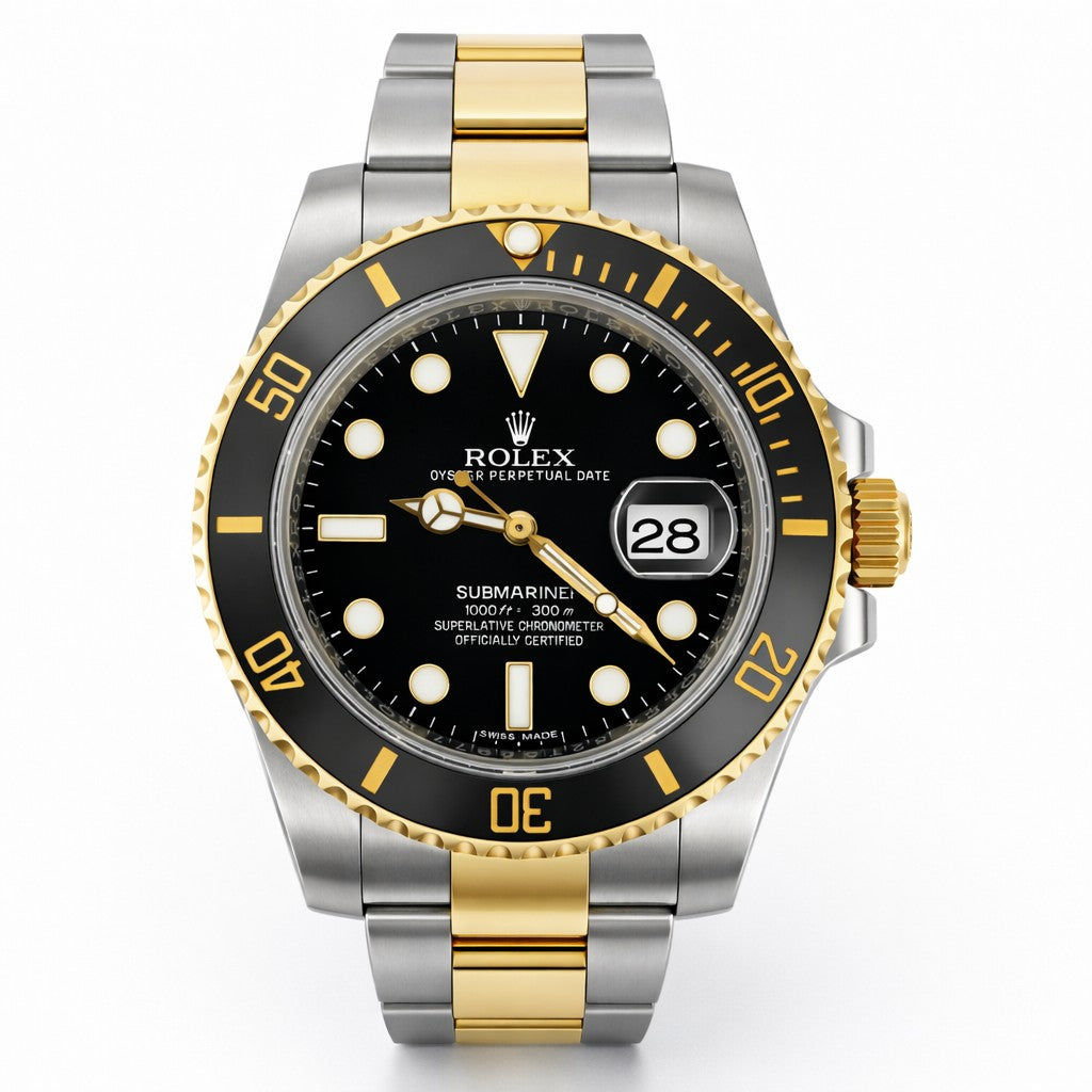 Rolex watch with two-tone metal band on a white background