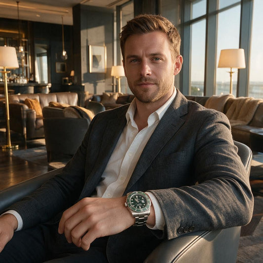 A man in a dark gray blazer and white dress shirt sits in a modern lounge setting, wearing a silver-toned metal watch with a green dial on his wrist.