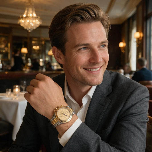 A man in a dark gray suit and white dress shirt wearing a two-tone gold and silver wristwatch, photographed in a warm, upscale restaurant setting.