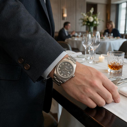 A silver-toned metal watch with a dark dial and fluted bezel worn on a man's wrist, shown in a restaurant setting with a blurred background.
