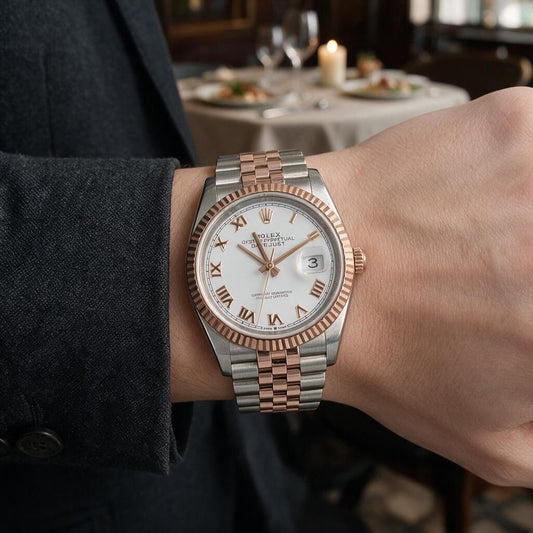 A two-tone Rolex Datejust watch with a white dial and rose gold and silver links, worn on a person's wrist in a blurred restaurant setting.