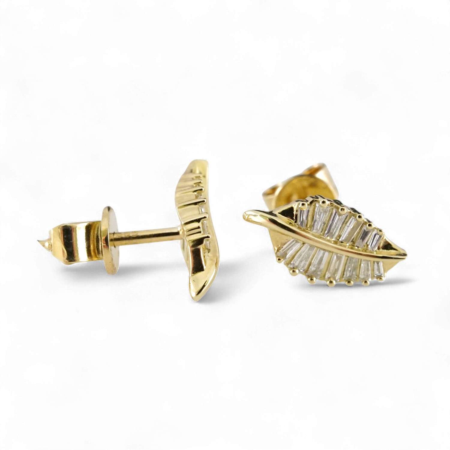 14k Yellow Gold Diamond Leaf Earrings image 2