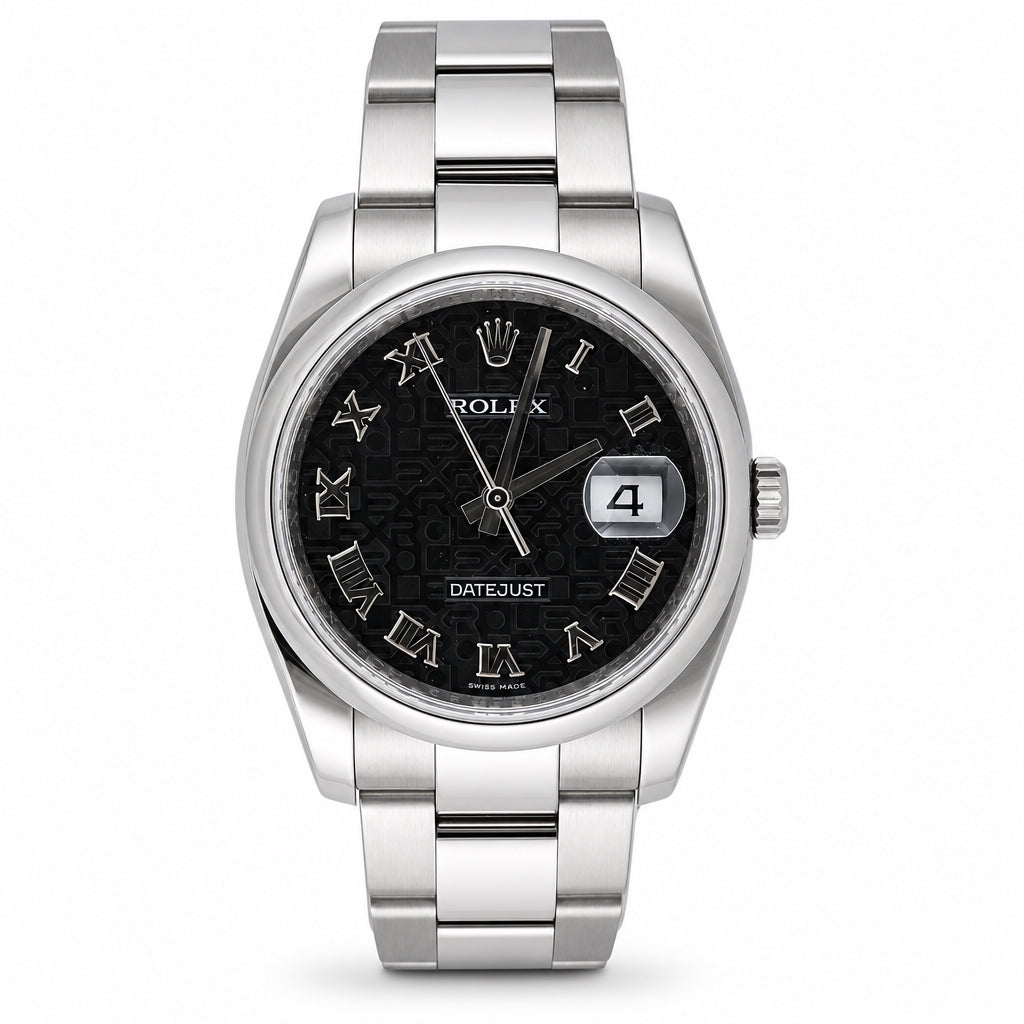 Rolex Datejust stainless steel watch with a black dial, Roman numeral hour markers, and a date window, shown on a white background.