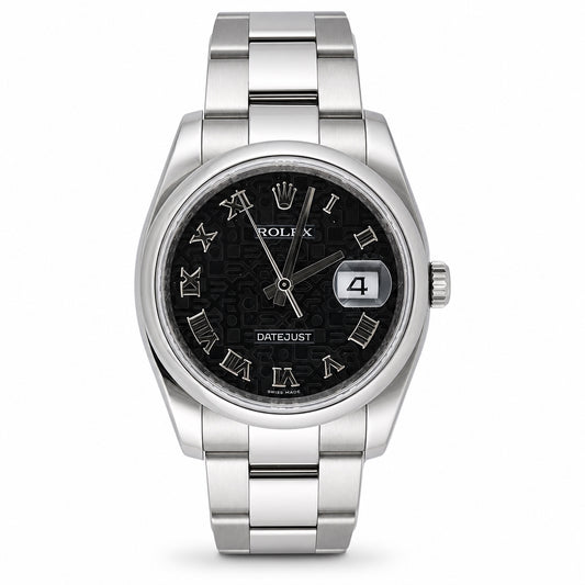 Rolex Datejust stainless steel watch with a black dial, Roman numeral hour markers, and a date window, shown on a white background.