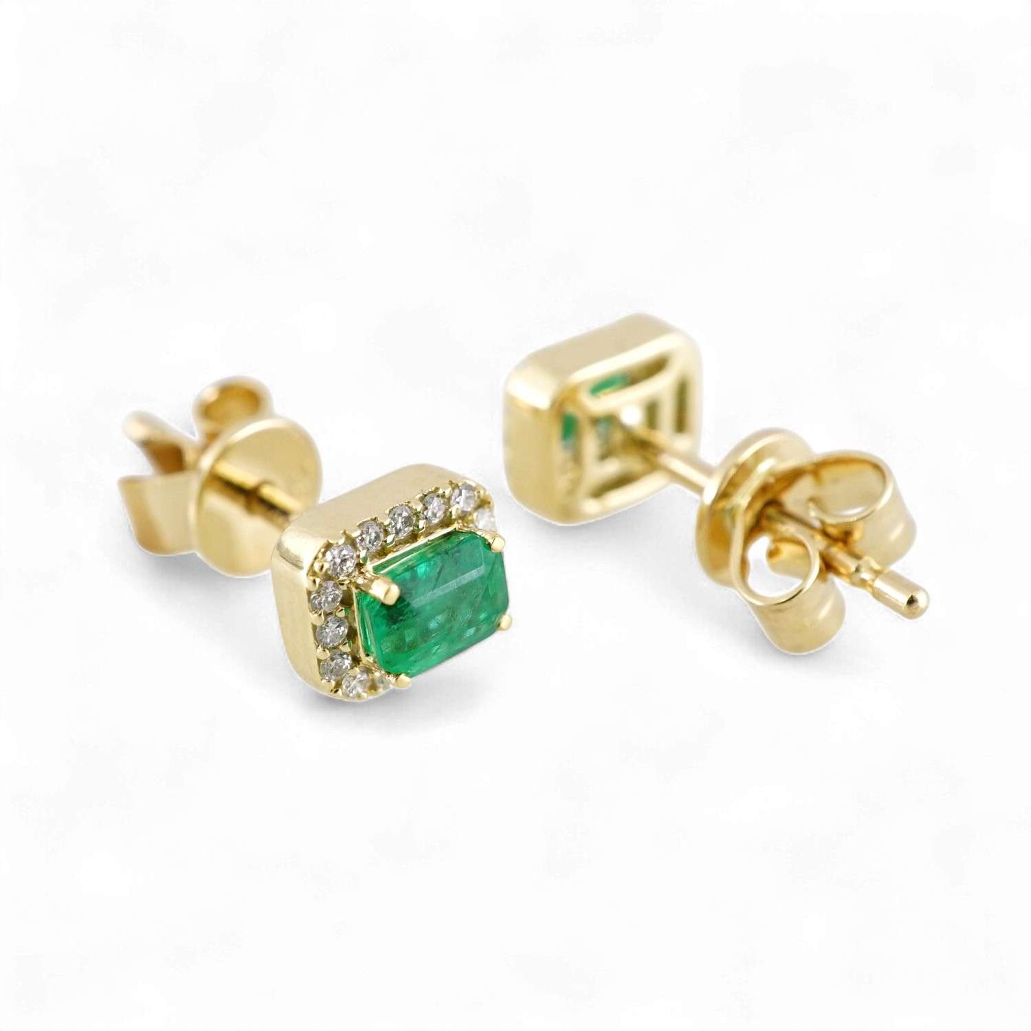 14k Yellow Gold Diamond Emerald Vintage Studs image 1
