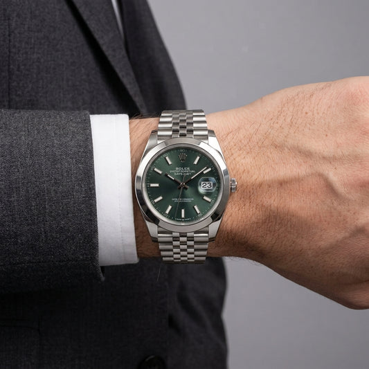 A wristwatch with a green dial and a silver stainless steel link bracelet, shown worn on a person's wrist. The person is wearing a dark gray suit jacket and a white dress shirt cuff.