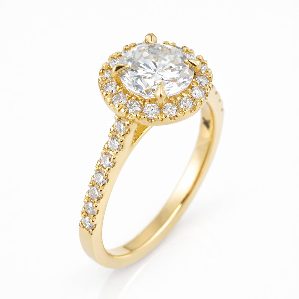 Gold ring with a large central diamond and smaller diamonds around on a white background