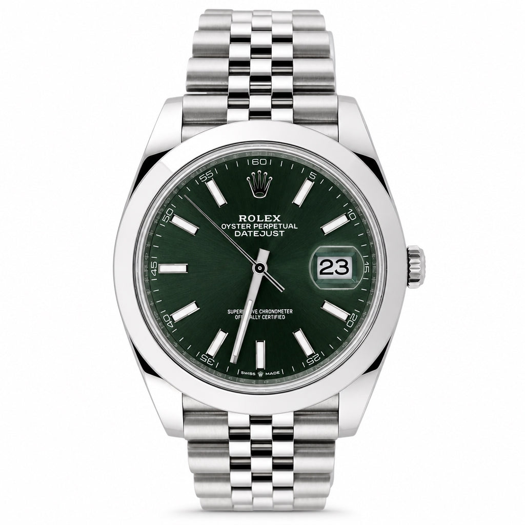 Rolex Oyster Perpetual Datejust wristwatch with a dark green dial and a silver stainless steel jubilee bracelet, shown against a plain white background.