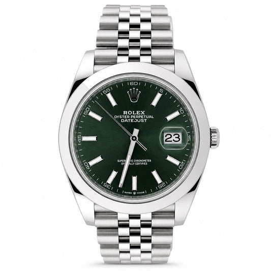 Rolex Oyster Perpetual Datejust wristwatch with a dark green dial and a silver stainless steel jubilee bracelet, shown against a plain white background.