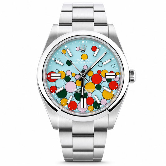 Rolex Datejust watch with a stainless steel Oyster bracelet and a light blue dial decorated with colorful bubble graphics.