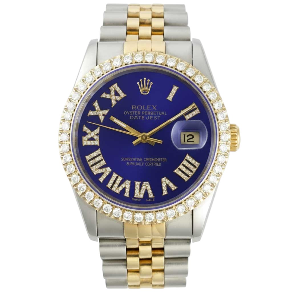 Luxury watch with blue dial and gold accents on a white background